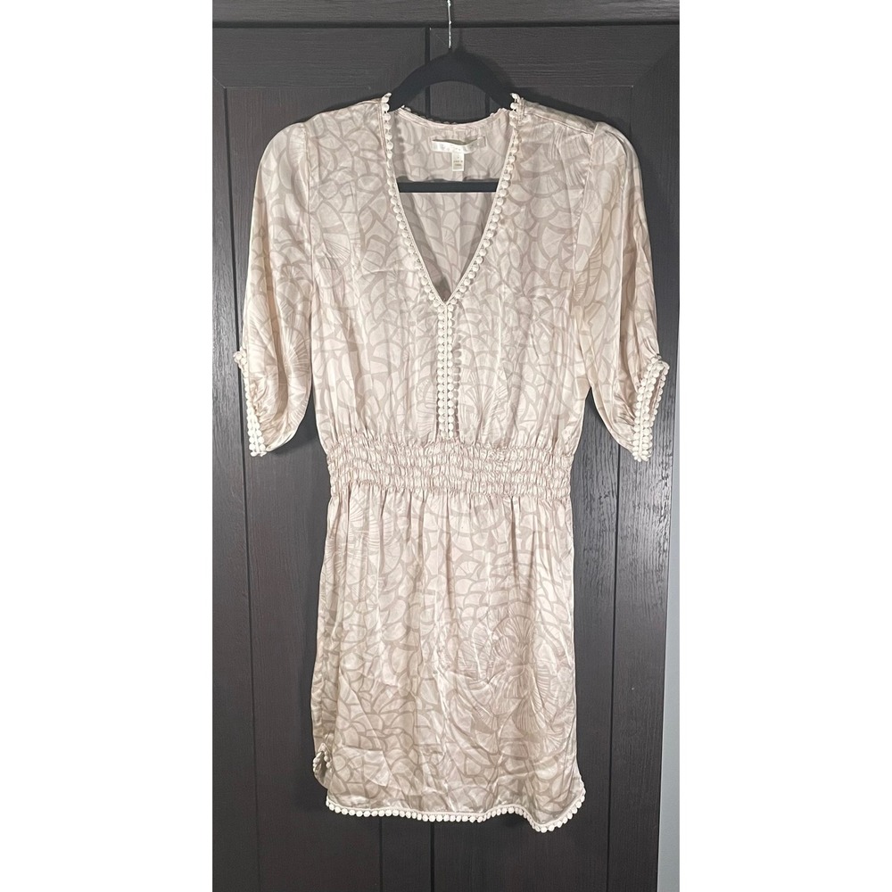 Jenny Han 100% Silk Mini Dress Beige Geometric Smocked Waist Pom Pom Trim Small